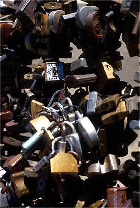 Locks on the railings of the bishop's palace / The tradition is for lovers to put a lock on the railings and throw away the key.  Then they will never part.  Look for the combination lock in some of the images. / Location: Pecs, Hungary
